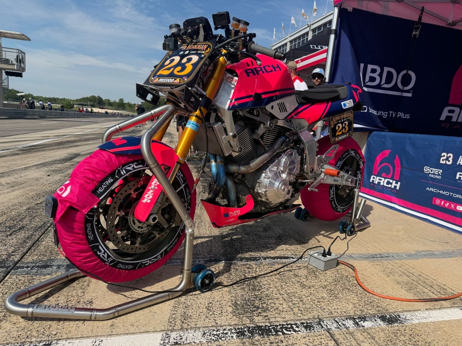 ARCH Racing #23 Super Hooligan bike on IRC Components tire warmers at the track