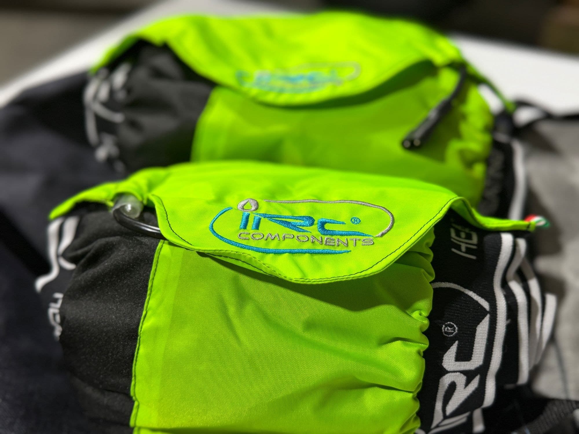 IRC Components tire warmers in fluorescent lime